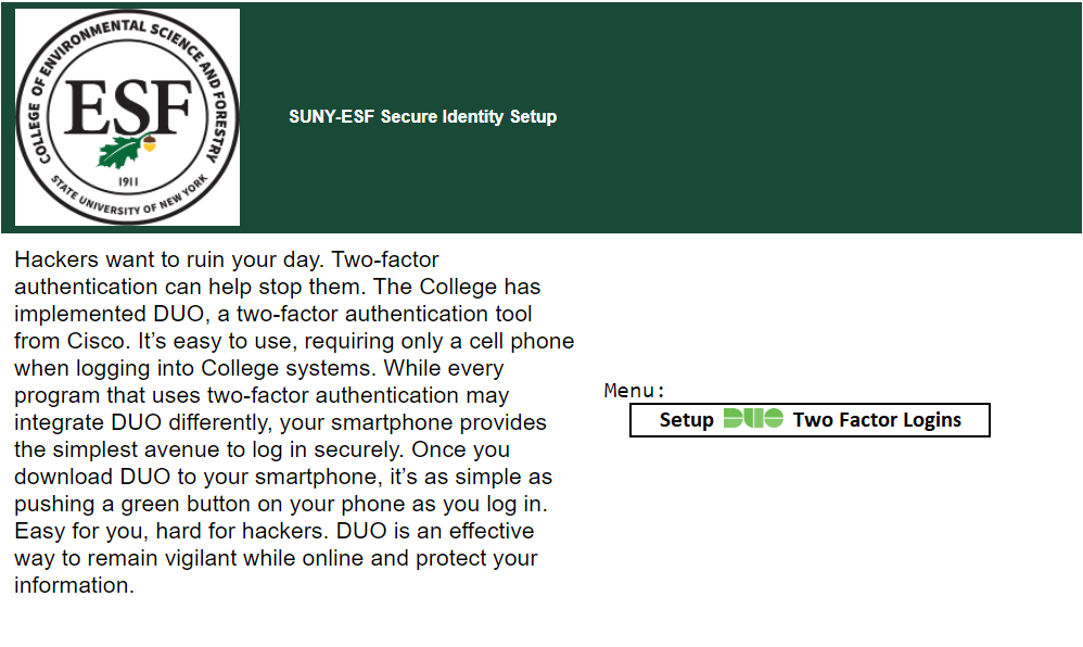 SUNY-ESF Secure Identity Setup Page SUNY-ESF Secure Identity Setup Page